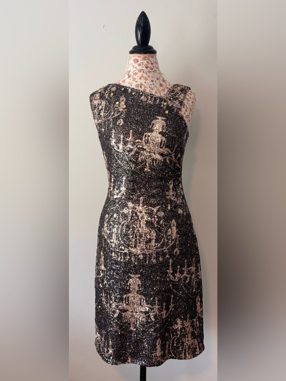 Kay Unger Black Sequin Chandelier Sheath Dress Size 12